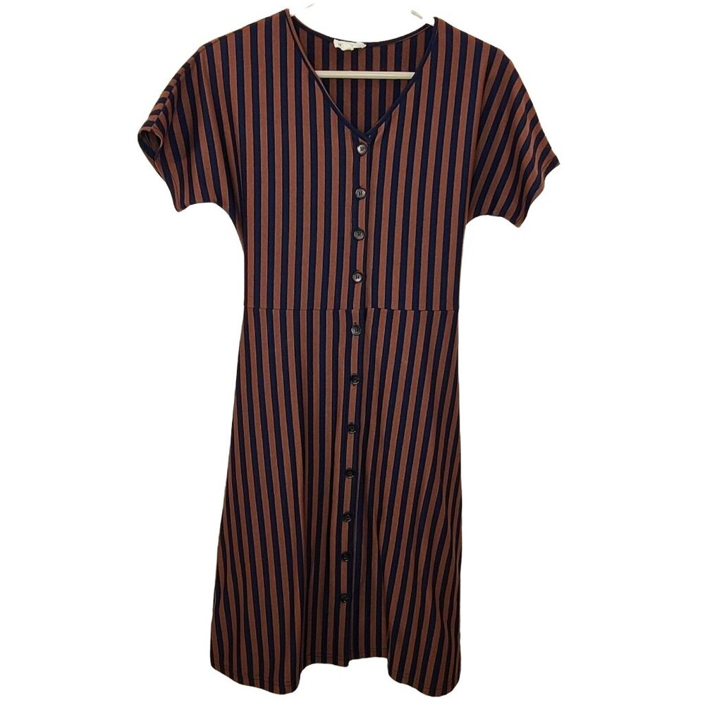 Hidden Alley Womens Dress Small Brown Blue Vertical Stripe Casual Basic Workwear
